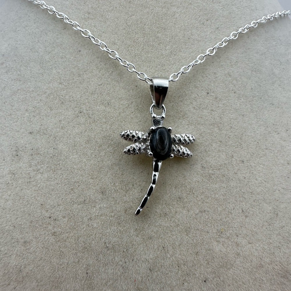 Silver and Hypersenthe Dragonfly Pendant Necklace on Silver Plated Box Chain